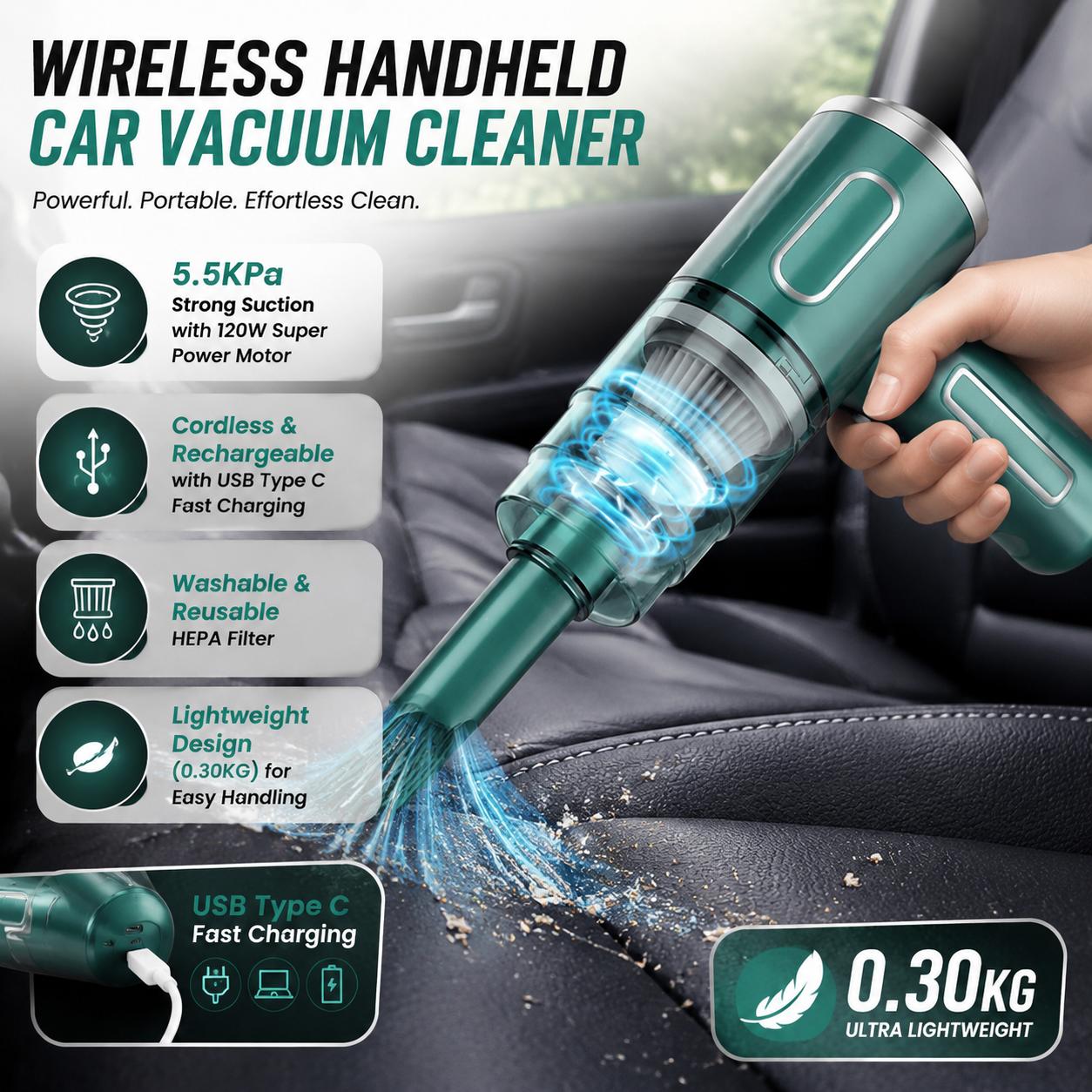 Car Vacuum Cleaner - Aspirador de Carro Portátil Sem Fio,